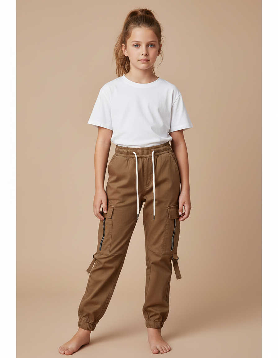 Pantalon Marron Cargo Cordon Décontracté Enfant - Gabardine