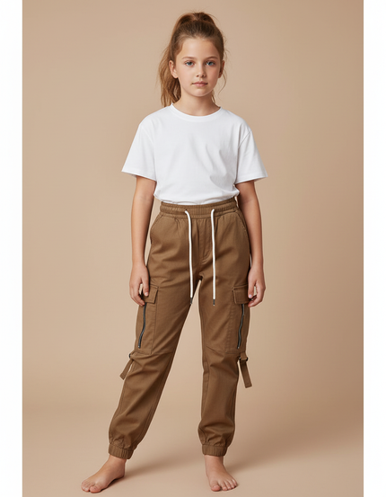 Pantalon Marron Cargo Cordon Décontracté Enfant - Gabardine