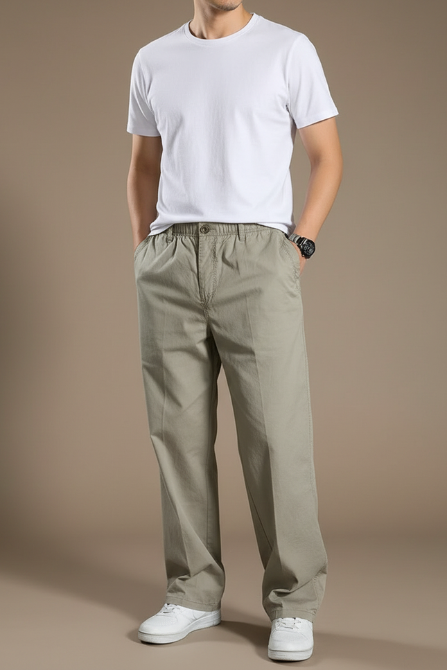 Pantalon Marron Ample Coton Décontracté Élastique Homme - Kaki