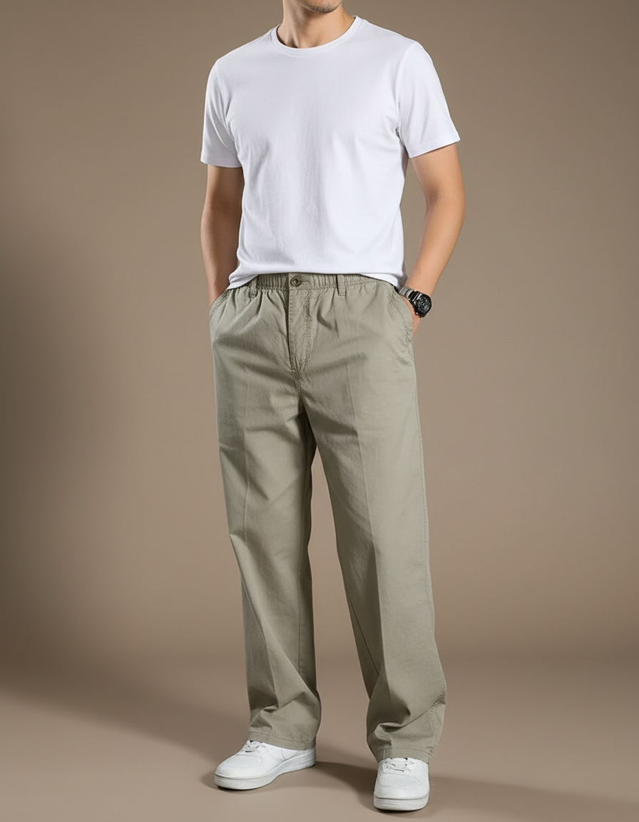 Pantalon Marron Ample Coton Décontracté Élastique Homme - Kaki