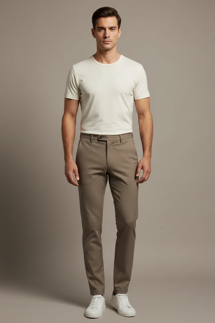 Pantalon Marron Coupe Droite Élégant Décontracté Homme - Gabardine