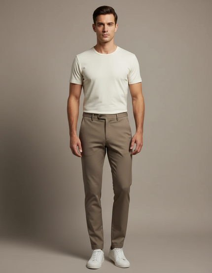 Pantalon Marron Coupe Droite Élégant Décontracté Homme - Gabardine