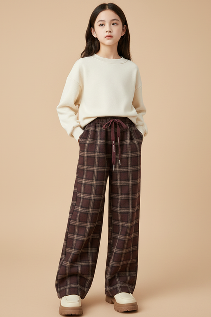 Pantalon Marron Carreaux Ample Hiver Fille Confortable - Tweed