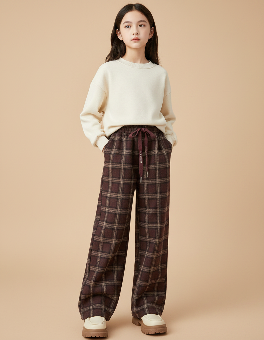 Pantalon Marron Carreaux Ample Hiver Fille Confortable - Tweed