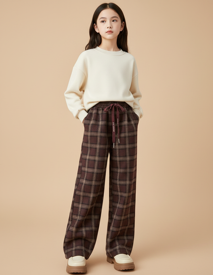 Pantalon Marron Carreaux Ample Hiver Fille Confortable - Tweed