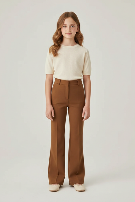 Pantalon Marron Évasé Taille Haute Élégant Enfant - Polyester