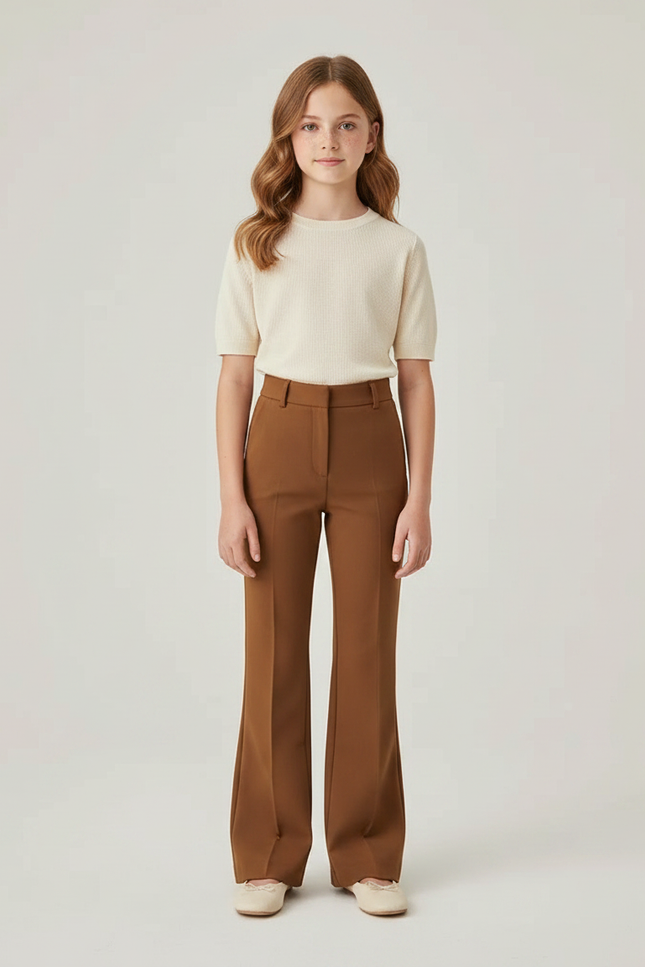 Pantalon Marron Évasé Taille Haute Élégant Enfant - Polyester