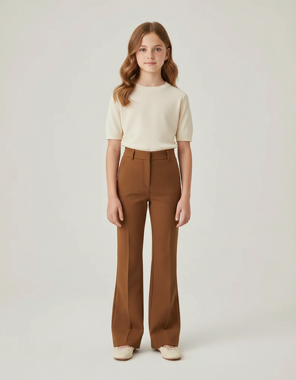 Pantalon Marron Évasé Taille Haute Élégant Enfant - Polyester
