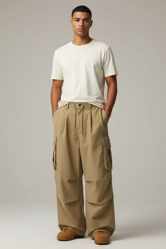 Pantalon Marron Cargo Ample Décontracté Multi-poches Homme - Kaki Gabardine