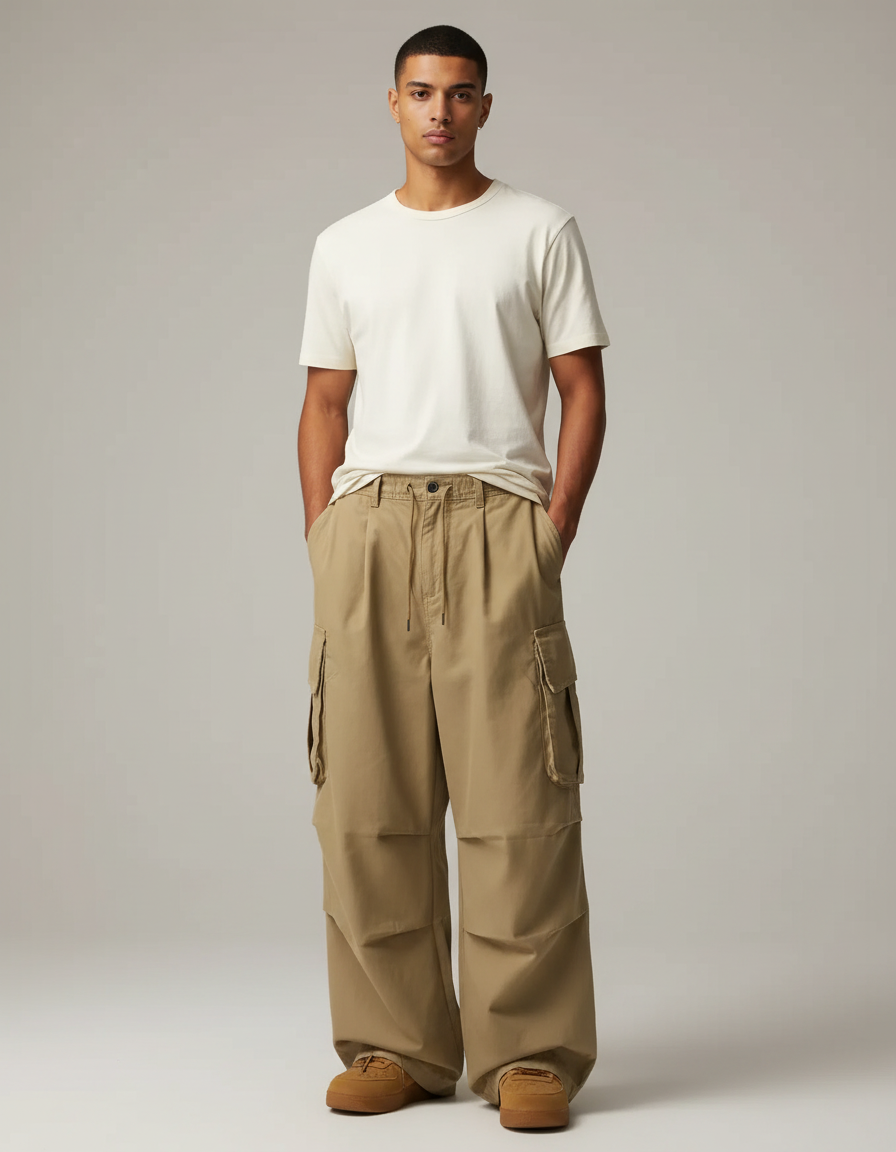 Pantalon Marron Cargo Ample Décontracté Multi-poches Homme - Kaki Gabardine