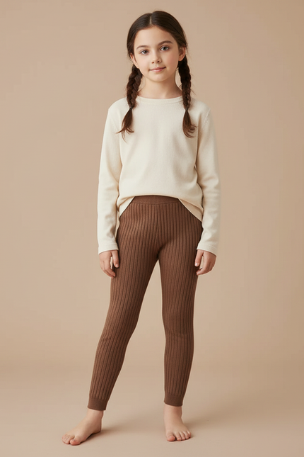 Pantalon Marron Côtelé Tricoté Enfant Confortable Uni - Maille