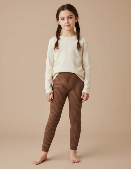Pantalon Marron Côtelé Tricoté Enfant Confortable Uni - Maille