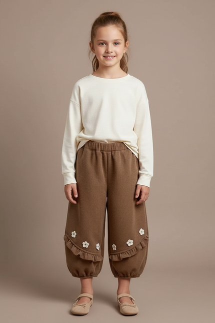 Pantalon Marron Côtelé Volants Fleuris Ample Fille - Cordé