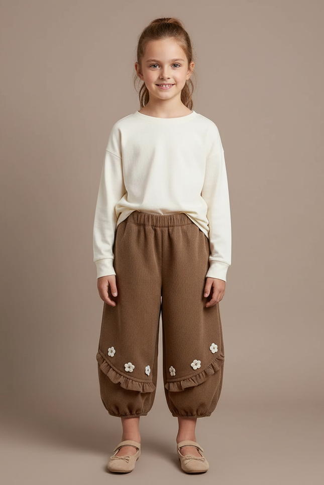 Pantalon Marron Côtelé Volants Fleuris Ample Fille - Cordé
