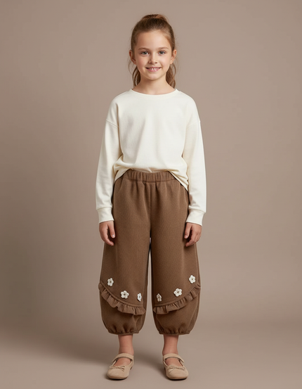 Pantalon Marron Côtelé Volants Fleuris Ample Fille - Cordé