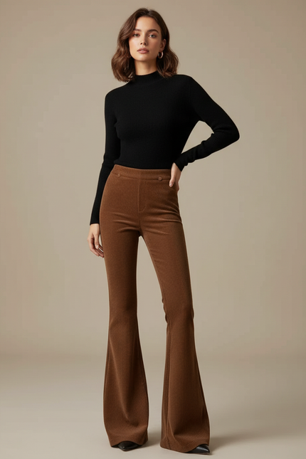 Pantalon Marron Côtelé Évasé Taille Haute Femme - Cordé