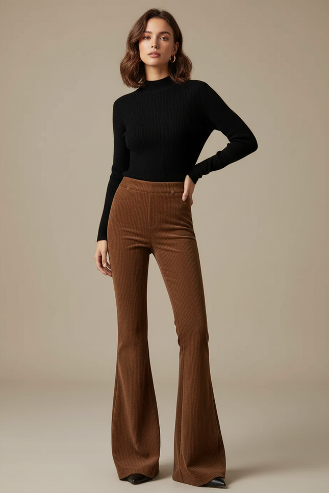 Pantalon Marron Côtelé Évasé Taille Haute Femme - Cordé