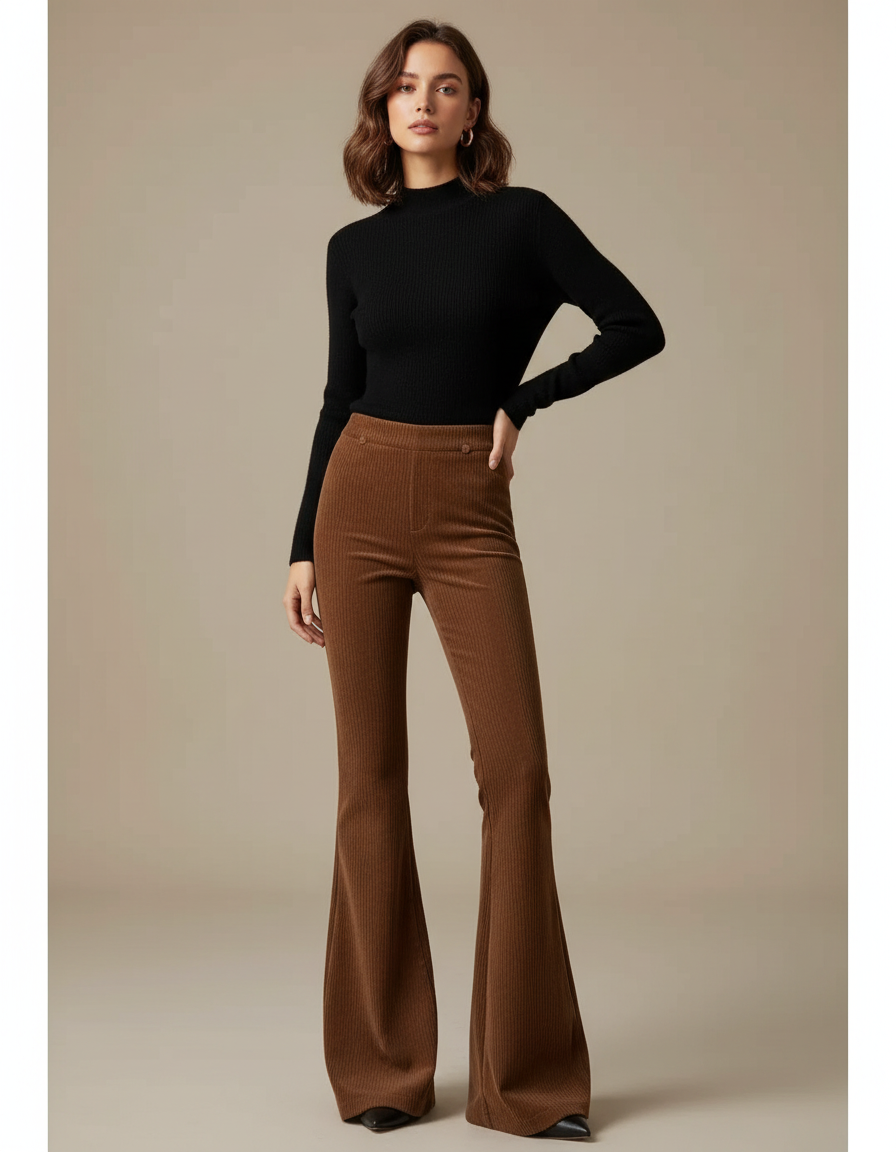 Pantalon Marron Côtelé Évasé Taille Haute Femme - Cordé