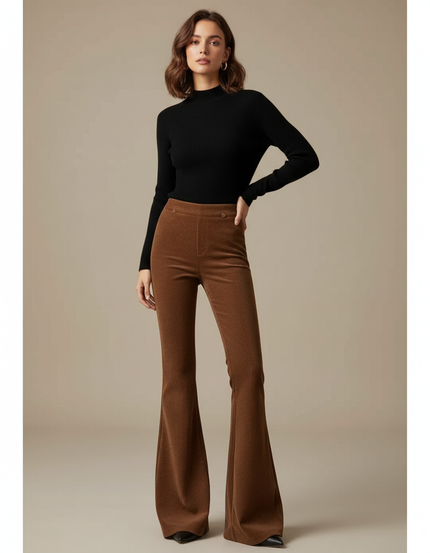 Pantalon Marron Côtelé Évasé Taille Haute Femme - Cordé
