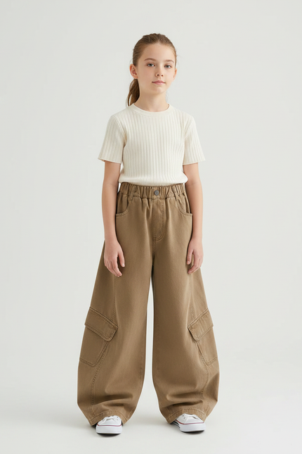 Pantalon Marron Cargo Ample Enfant Poches Latérales - Toile