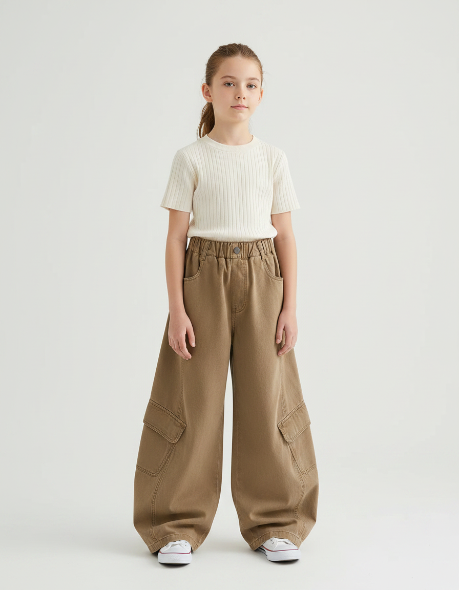 Pantalon Marron Cargo Ample Enfant Poches Latérales - Toile