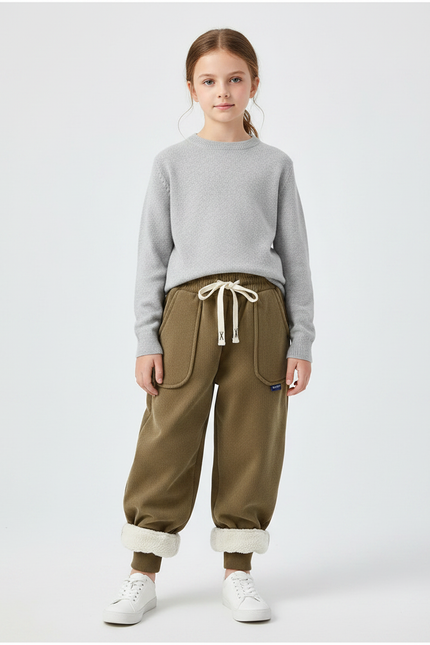 Pantalon Marron Ample Côtelé Doublé Sherpa Enfant - Kaki Cordé
