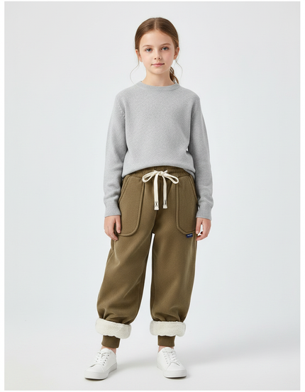 Pantalon Marron Ample Côtelé Doublé Sherpa Enfant - Kaki Cordé