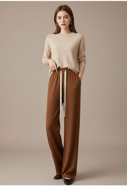 Pantalon Marron Large Décontracté Taille Haute Cordon - Maille