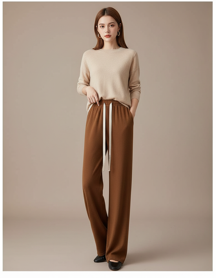 Pantalon Marron Large Décontracté Taille Haute Cordon - Maille