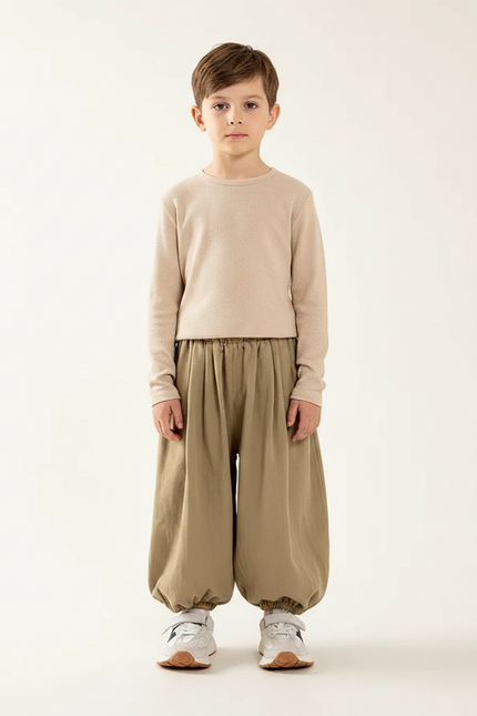 Pantalon Marron Ample Coton Enfant Décontracté Élastique - Kaki