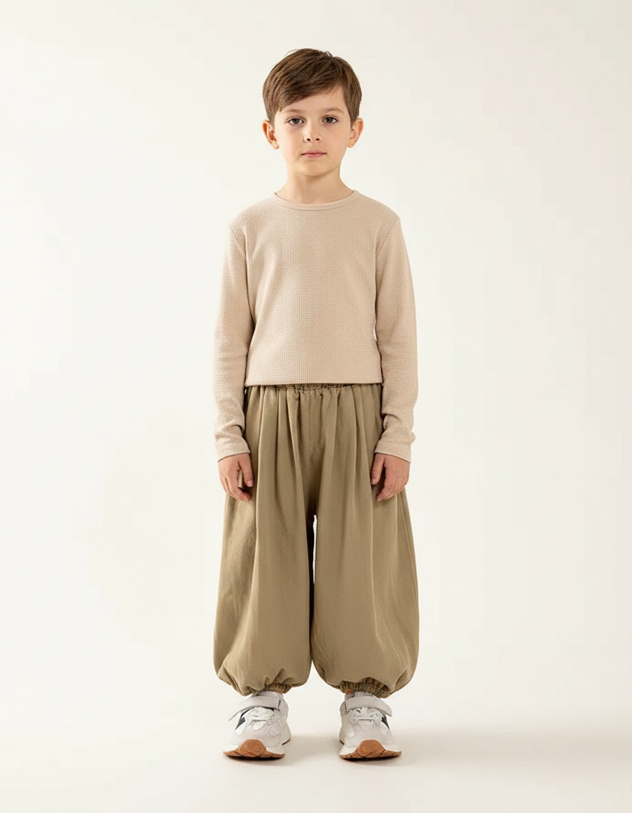 Pantalon Marron Ample Coton Enfant Décontracté Élastique - Kaki