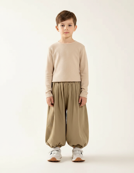Pantalon Marron Ample Coton Enfant Décontracté Élastique - Kaki