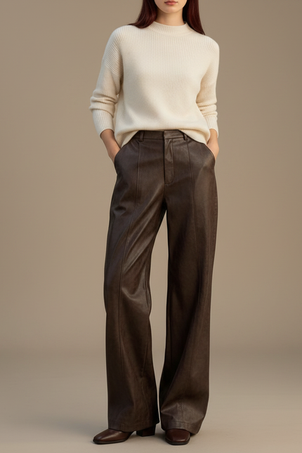 Pantalon Marron Simili Cuir Ample Élégant Femme