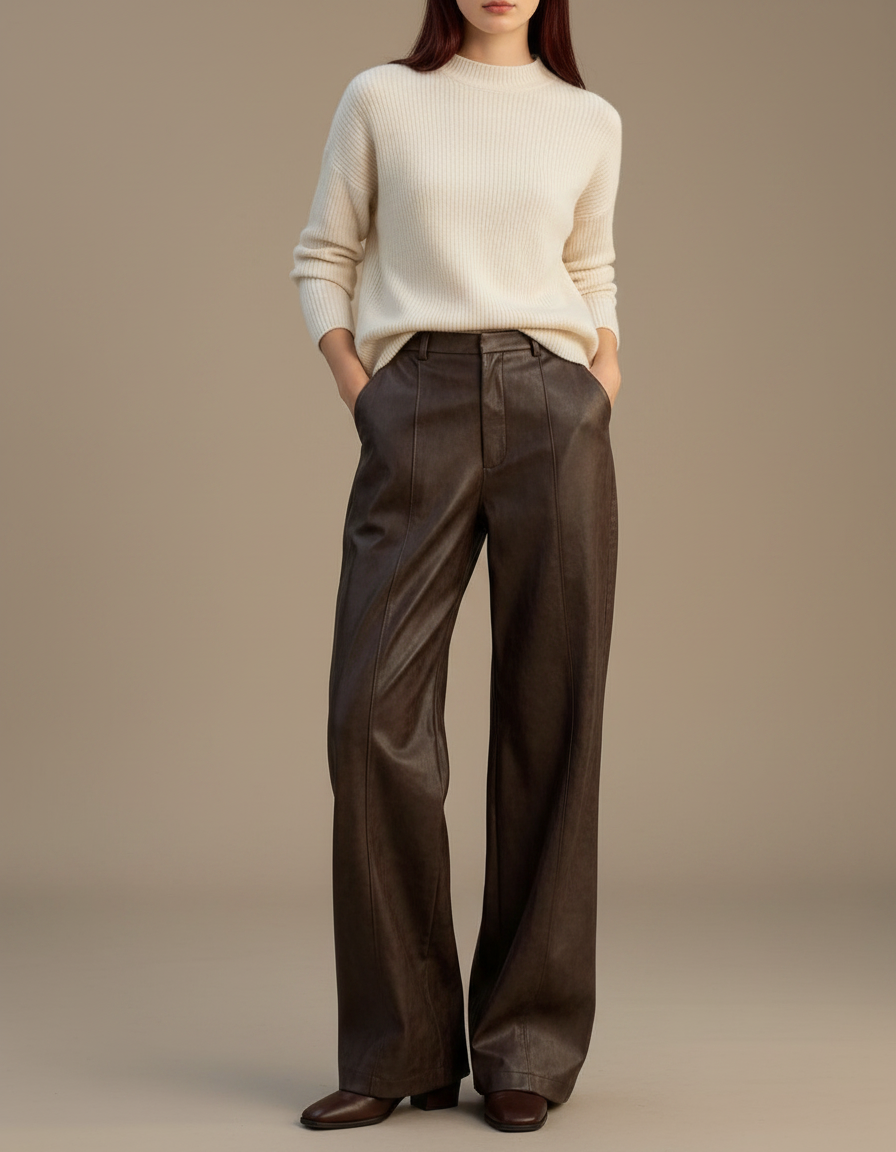 Pantalon Marron Simili Cuir Ample Élégant Femme