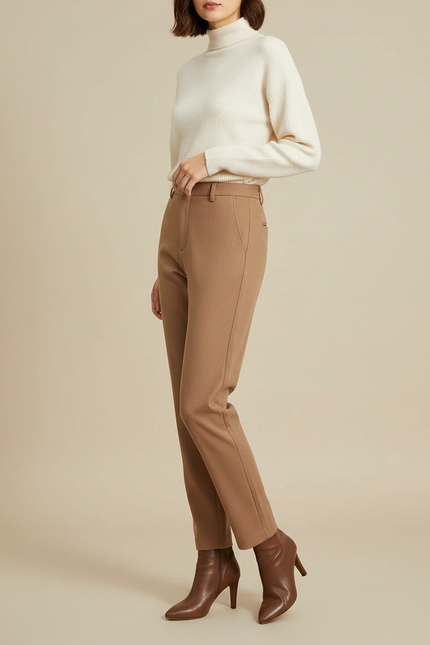 Pantalon Marron Laine Coupe Droite Décontracté Élégant