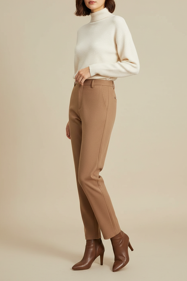 Pantalon Marron Laine Coupe Droite Décontracté Élégant