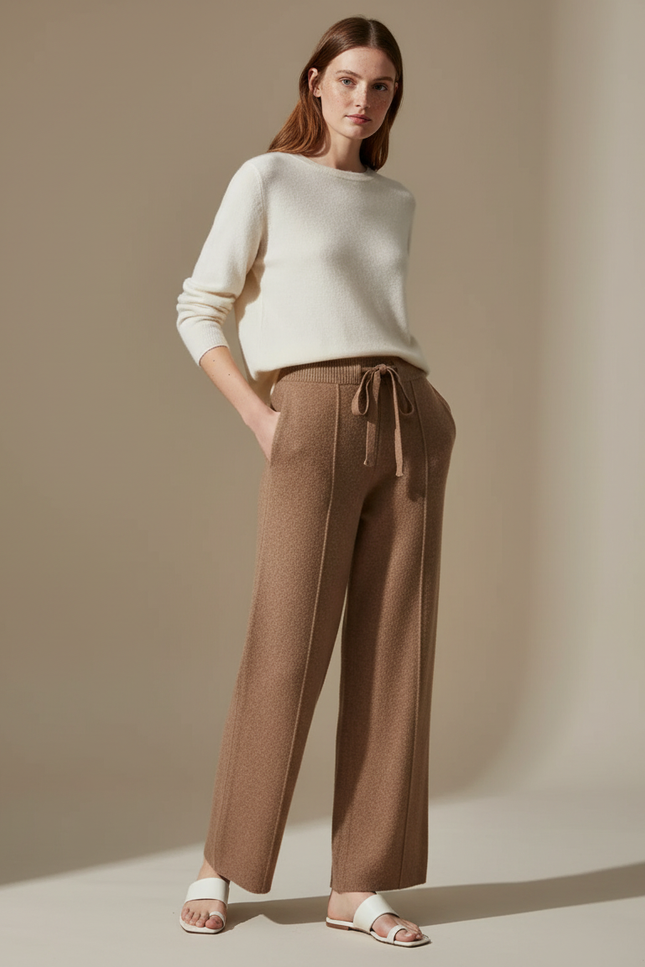 Pantalon Marron Tricoté Large Taille Haute Confortable - Maille