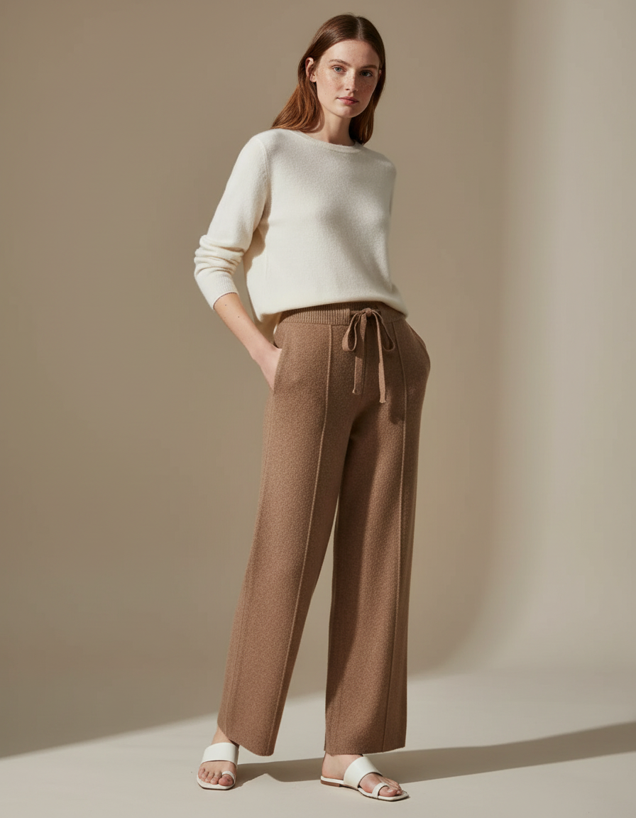 Pantalon Marron Tricoté Large Taille Haute Confortable - Maille
