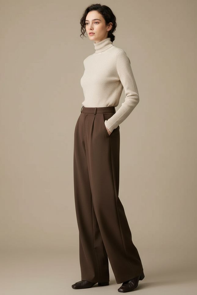 Pantalon Marron Ample Taille Haute Droit Élégant - Gabardine