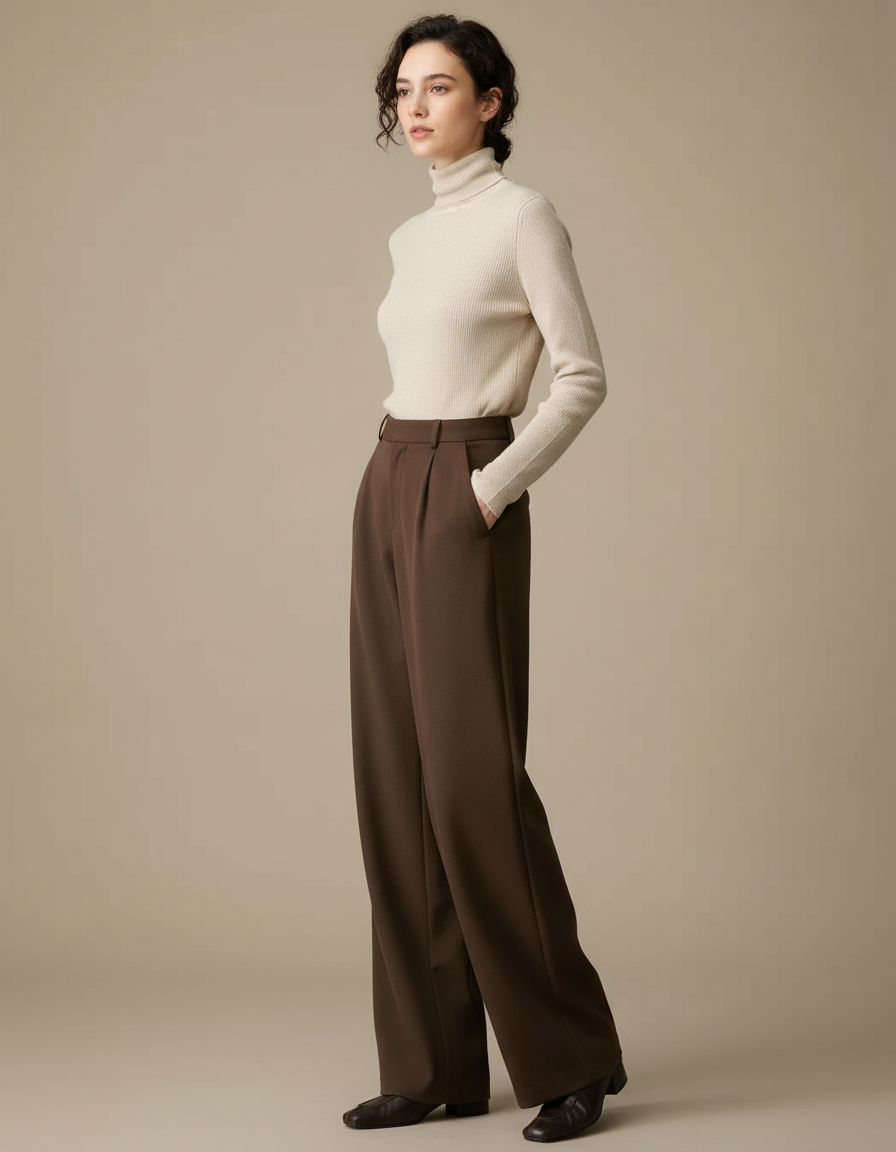 Pantalon Marron Ample Taille Haute Droit Élégant - Gabardine