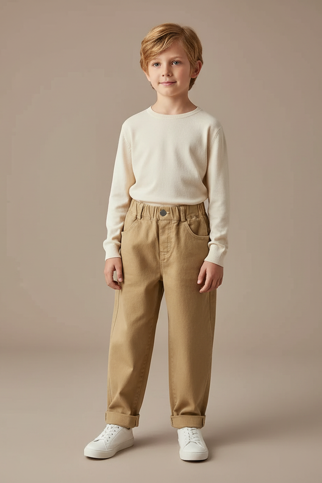 Pantalon Marron Ample Coton Élastique Garçon - Camel