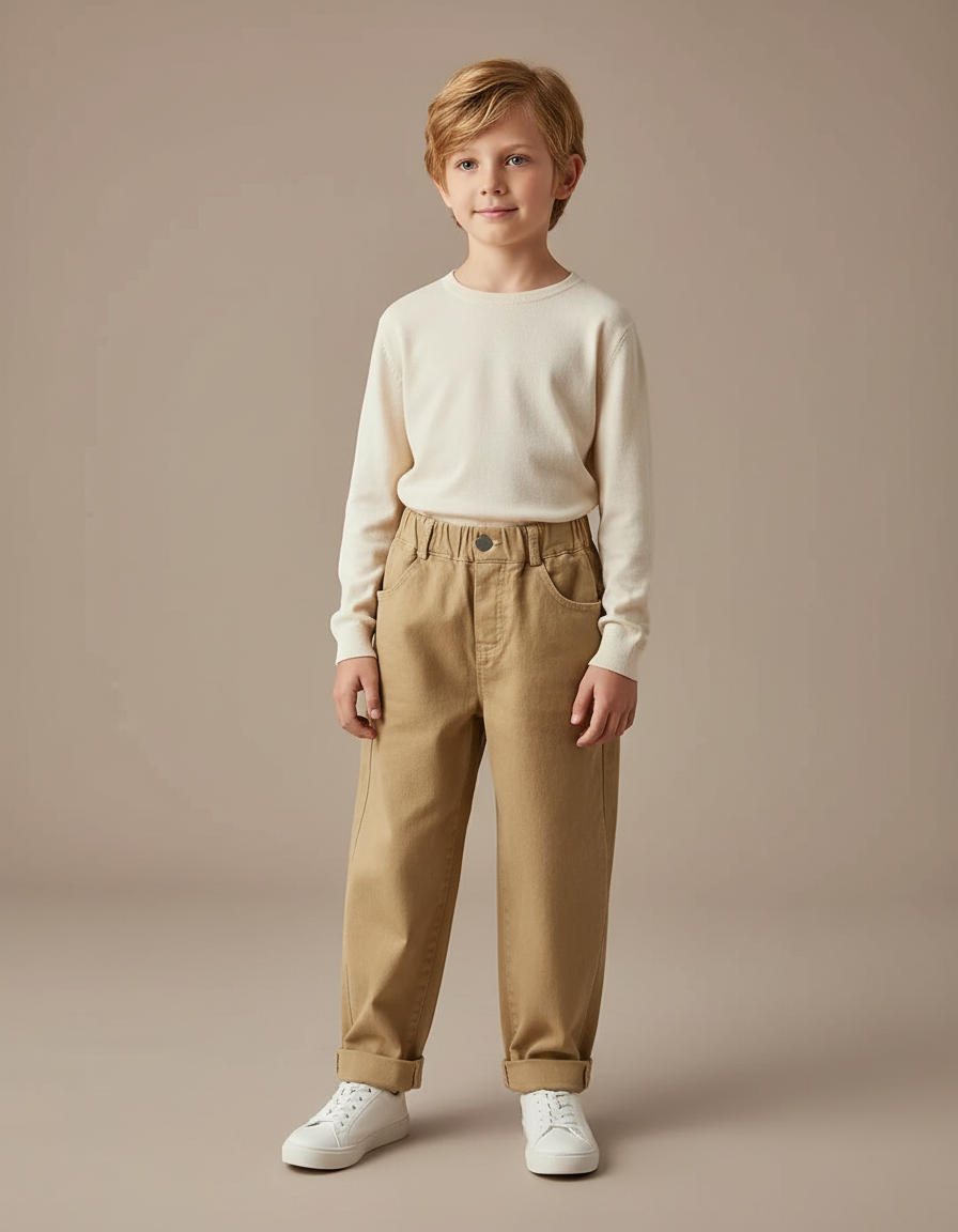 Pantalon Marron Ample Coton Élastique Garçon - Camel