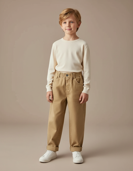 Pantalon Marron Ample Coton Élastique Garçon - Camel