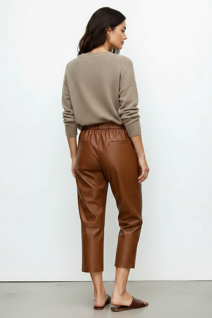 Pantalon Marron Cuir Ample Taille Élastique Femme - vue 2