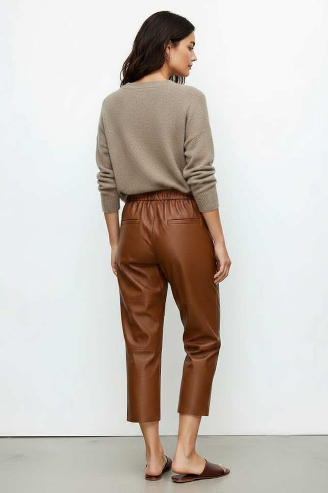 Pantalon Marron Cuir Ample Taille Élastique Femme - vue 2