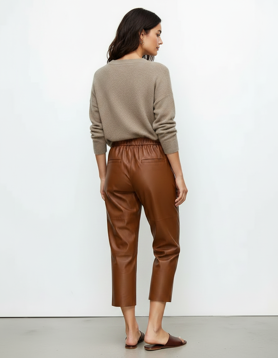 Pantalon Marron Cuir Ample Taille Élastique Femme - vue 2