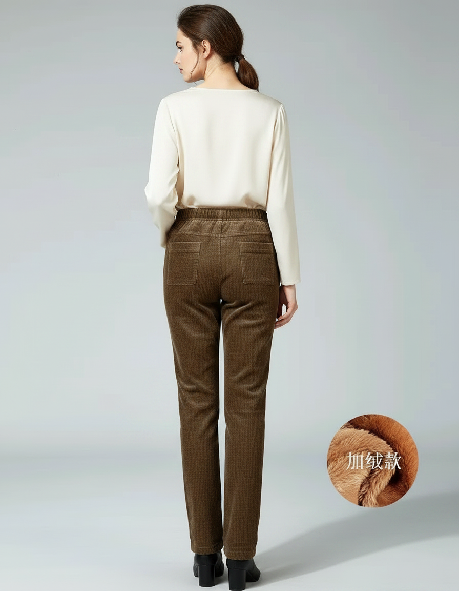 Pantalon Marron Côtelé Doublé Chaud Décontracté Femme Hiver - Cordé - vue 2