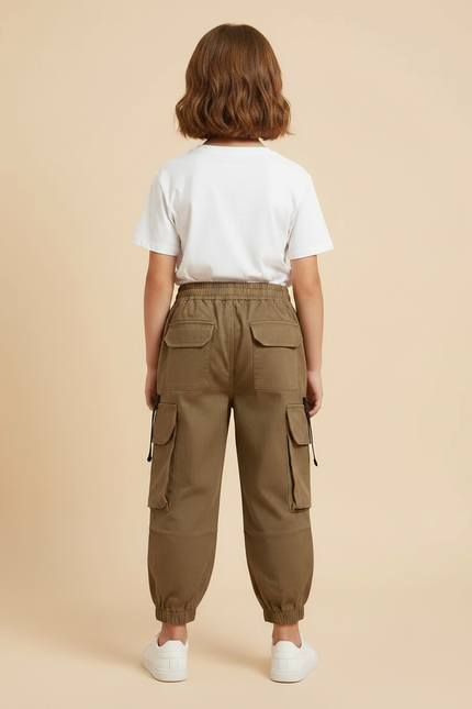 Pantalon Marron Cargo Enfant Poches Latérales Cordon - Kaki Toile - vue 2