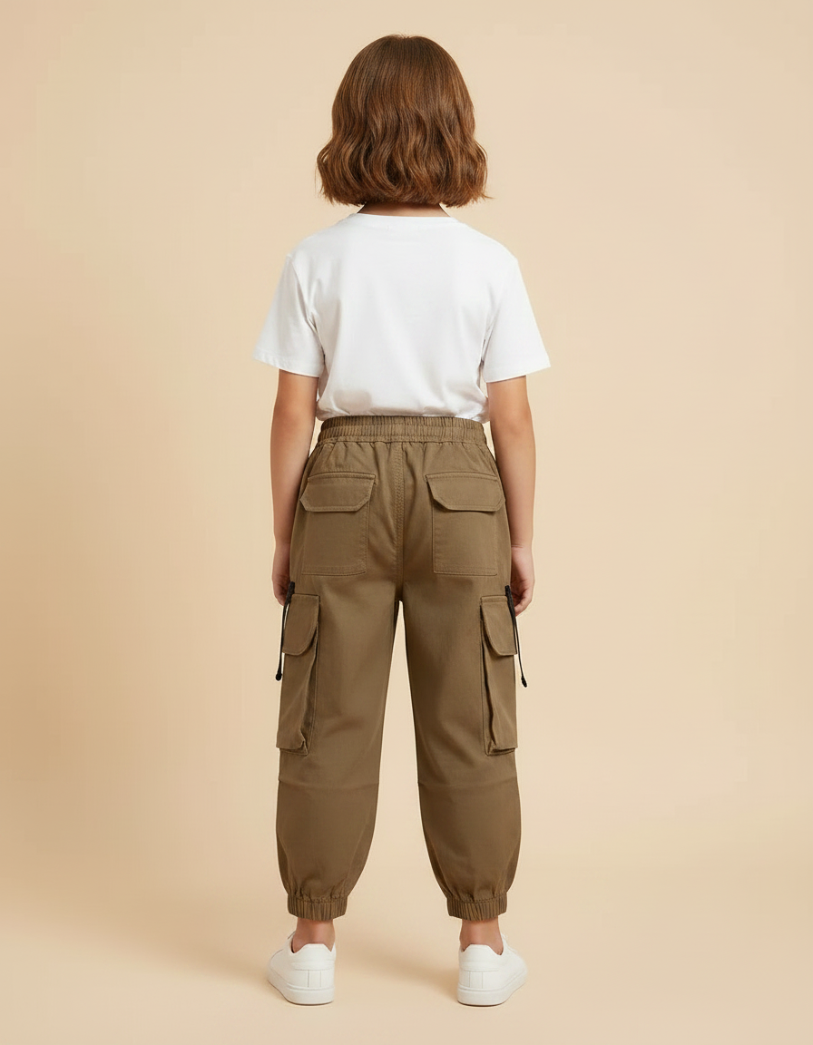 Pantalon Marron Cargo Enfant Poches Latérales Cordon - Kaki Toile - vue 2