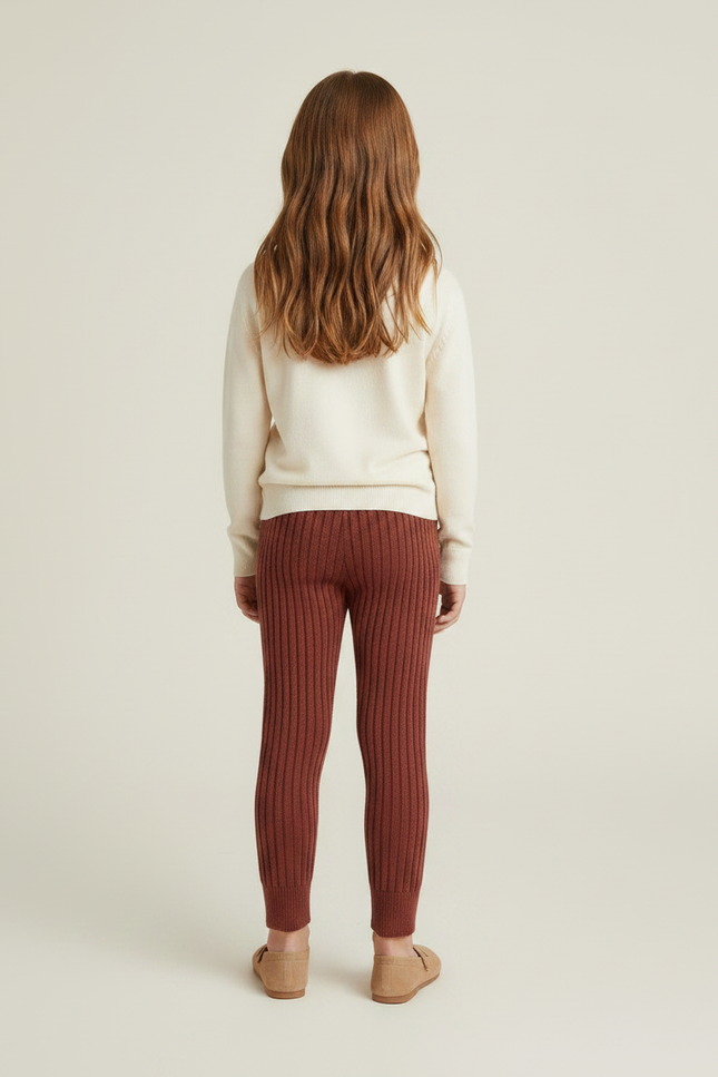 Pantalon Marron Côtelé Tricoté Confortable Élastique Enfant - Maille - vue 2